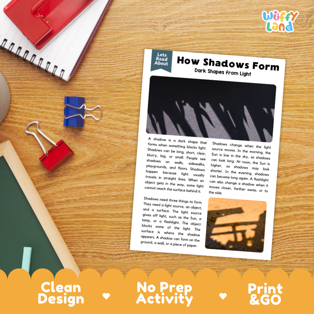 Student reading comprehension worksheet with short-answer questions and lined sections about how shadows form