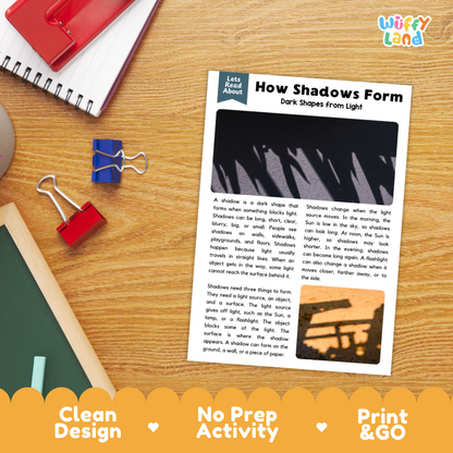 Student reading comprehension worksheet with short-answer questions and lined sections about how shadows form