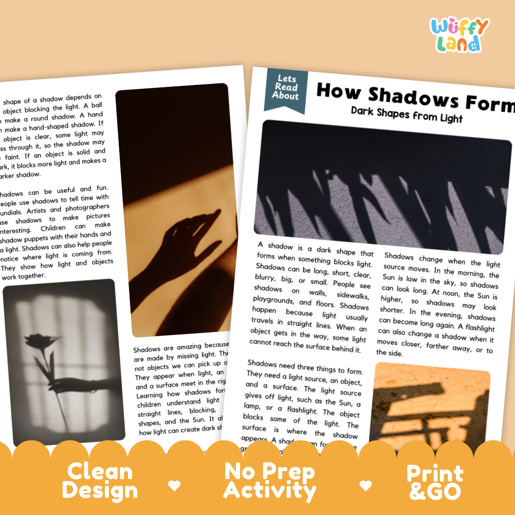 Teacher answer key page showing complete question solutions for How Shadows Form physical science reading comprehension practice