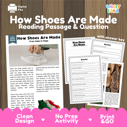 How Shoes Are Made reading comprehension passage and questions printable activity pack with answer key for elementary students