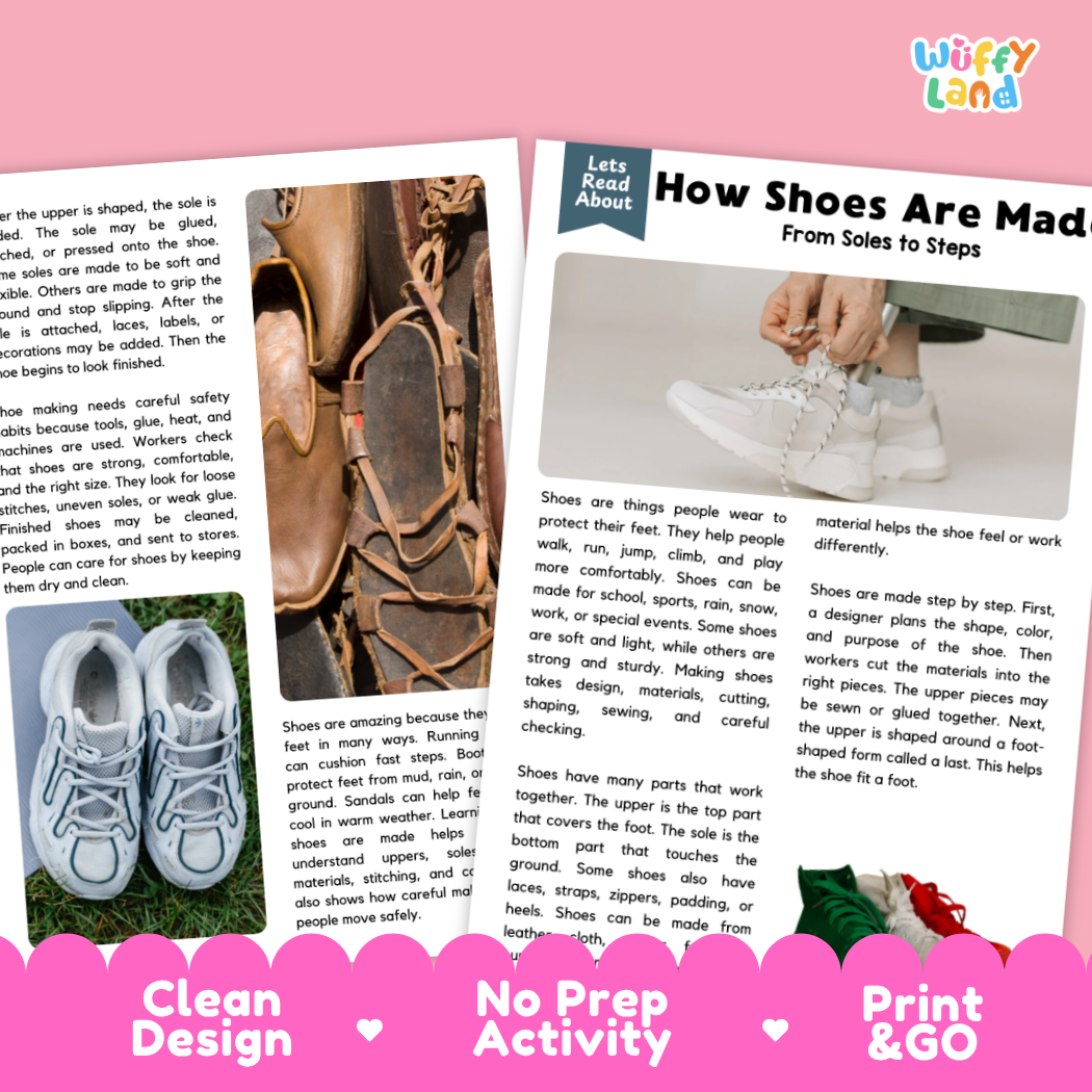 Teacher answer key page showing complete question solutions for shoe manufacturing materials science reading comprehension practice
