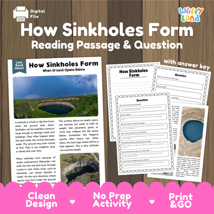 How Sinkholes Form reading comprehension passage and questions activity pack with full answer key for students