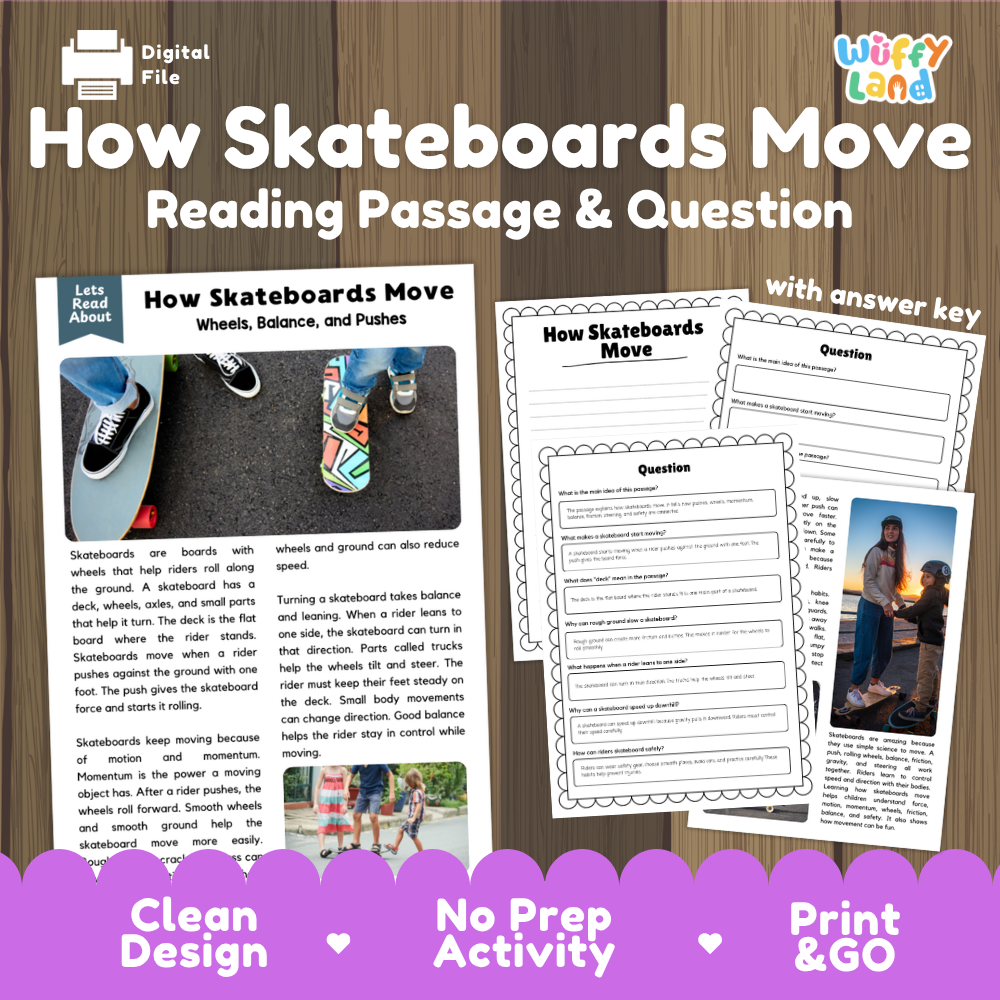 How skateboards move reading comprehension passage and questions printable activity pack with answer key for elementary students