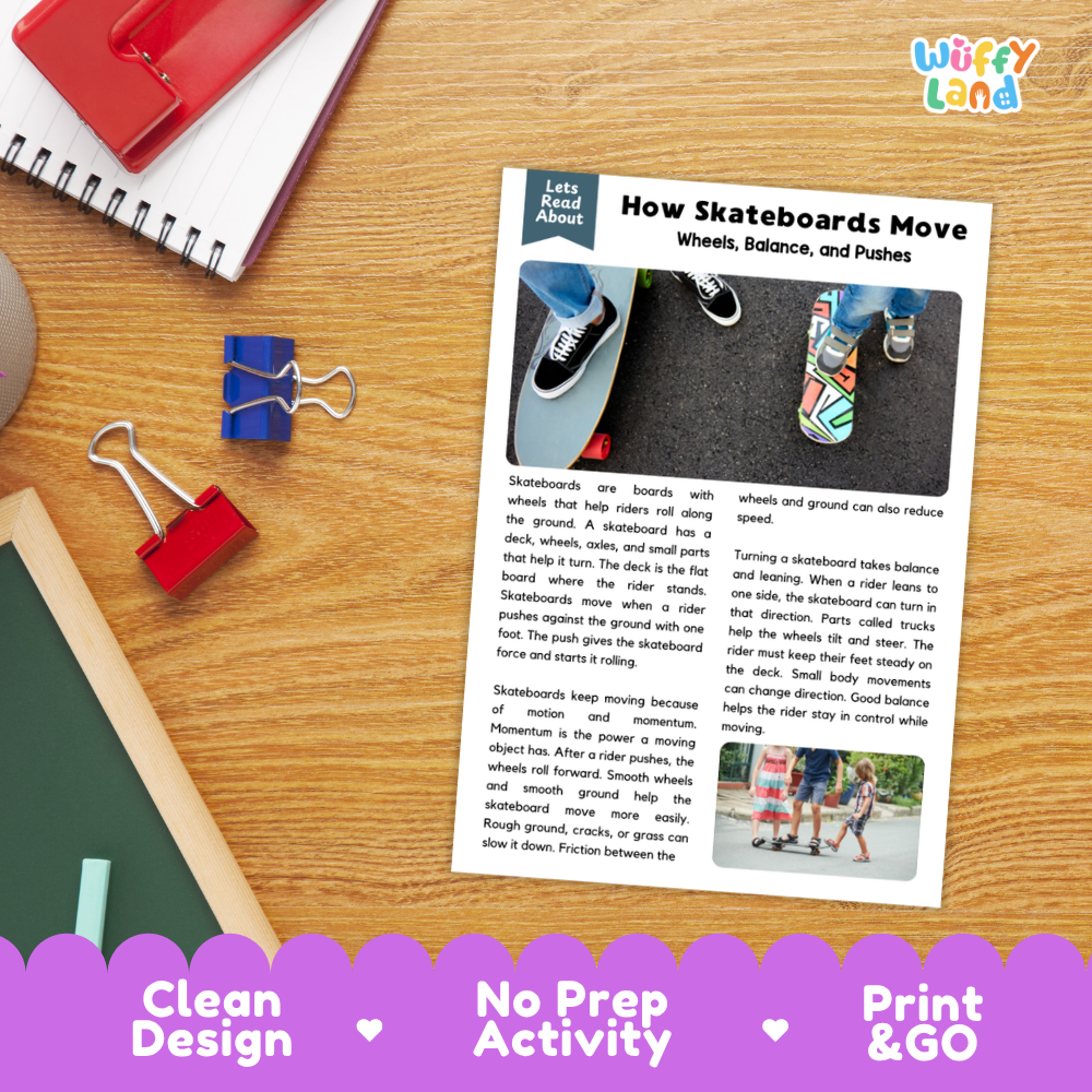 Student reading comprehension worksheet with short-answer questions and lined sections about how skateboards move