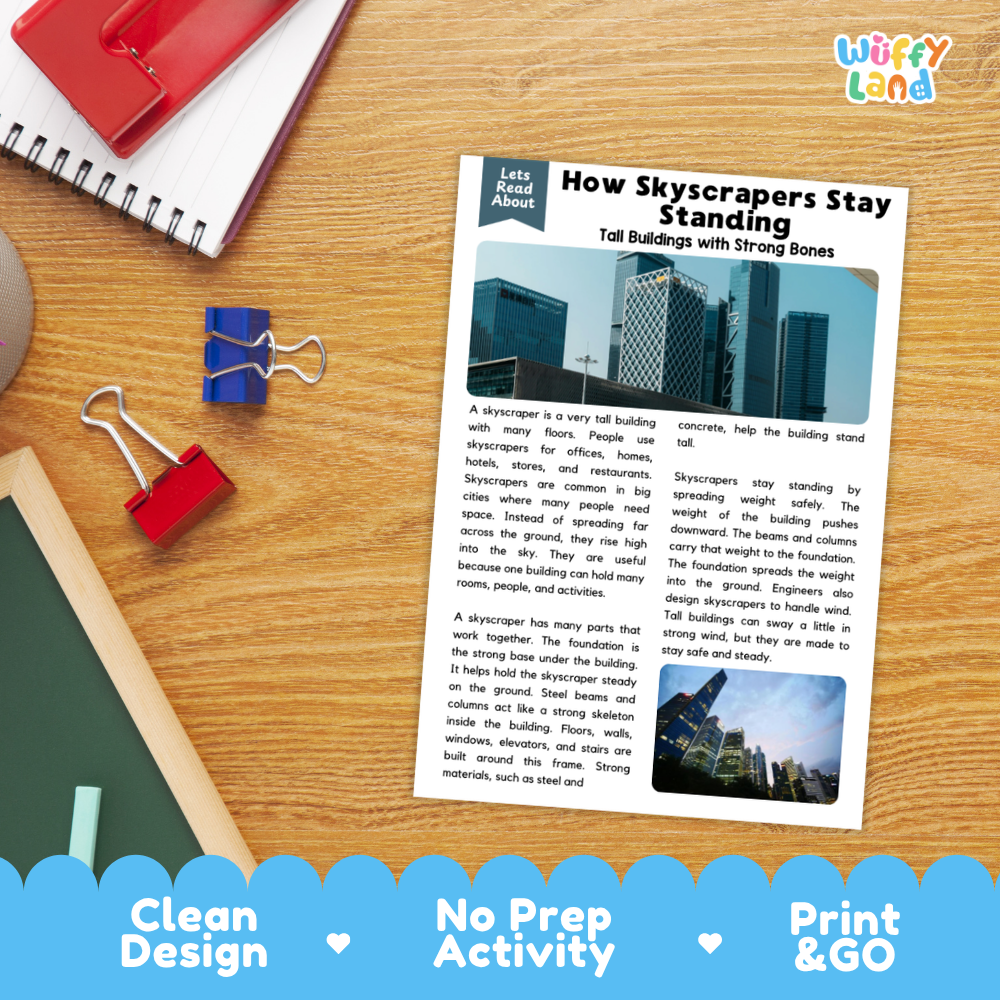Student reading comprehension worksheet with short-answer questions and lined sections about skyscraper engineering