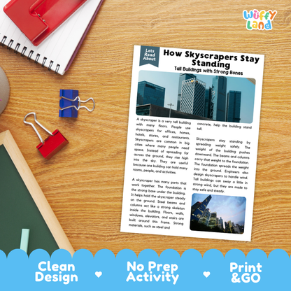 Student reading comprehension worksheet with short-answer questions and lined sections about skyscraper engineering