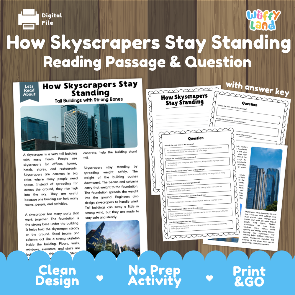 How skyscrapers stay standing reading comprehension passage and questions printable activity pack with answer key for elementary students