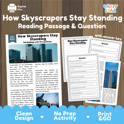 How skyscrapers stay standing reading comprehension passage and questions printable activity pack with answer key for elementary students