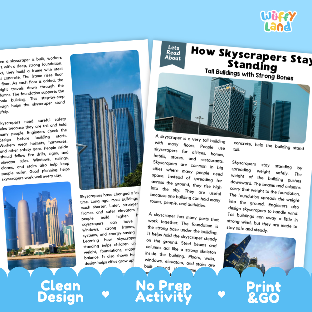 Teacher answer key page showing complete question solutions for skyscraper reading comprehension practice