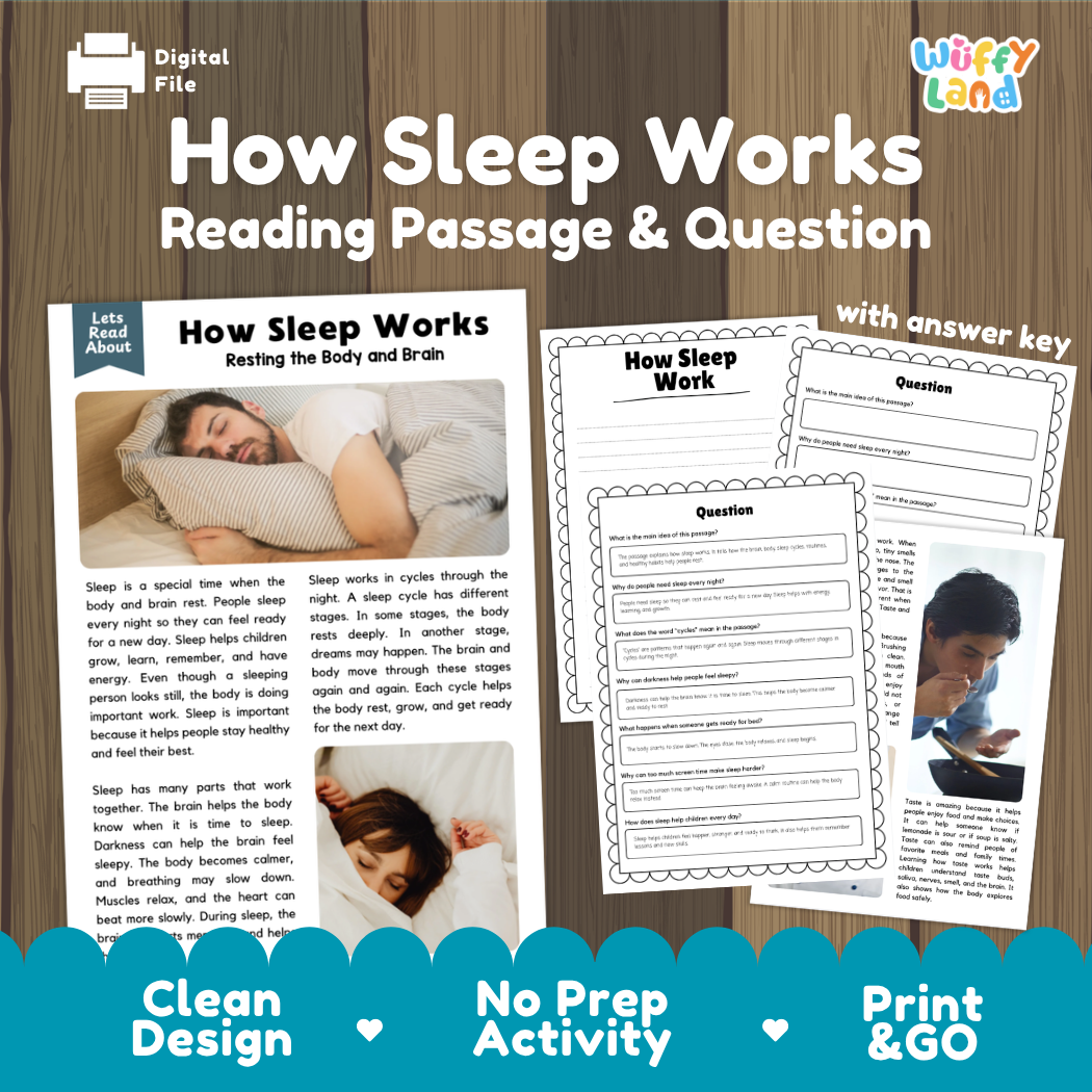 How sleep works reading comprehension passage and questions printable activity pack with answer key for elementary students