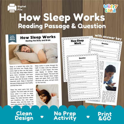 How sleep works reading comprehension passage and questions printable activity pack with answer key for elementary students