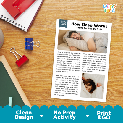 Student reading comprehension worksheet with short-answer questions and lined sections about how sleep works