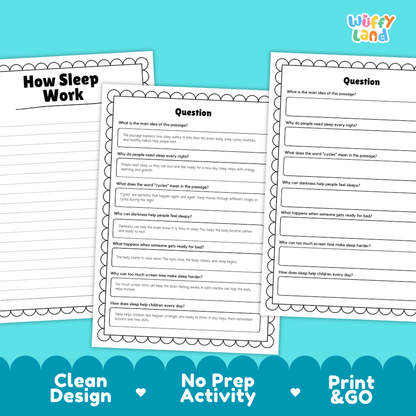 Informational reading passage page detailing sleep cycles stages brain rest growth and bedtime habits with photos 