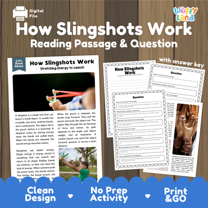 How slingshots work reading comprehension passage and questions printable activity pack with answer key for elementary students
