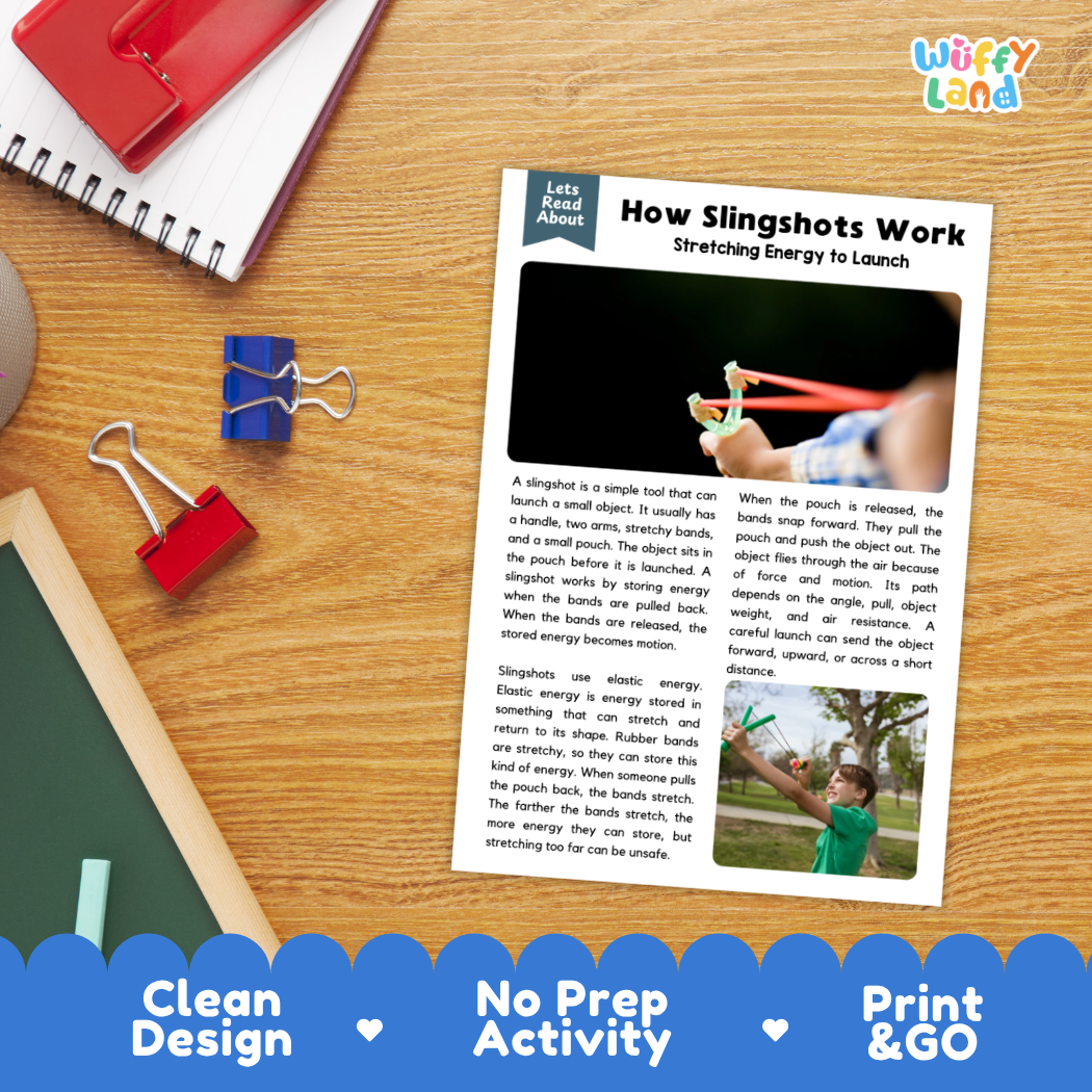 Student reading comprehension worksheet with short-answer questions and lined sections about how slingshots work