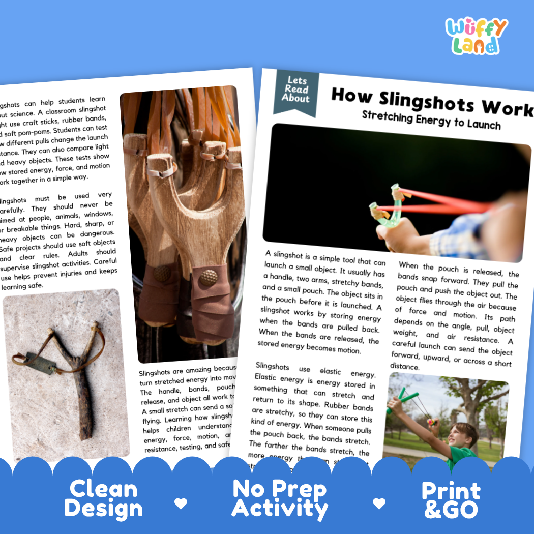 Teacher answer key page showing complete question solutions for How Slingshots Work physical science reading comprehension practice
