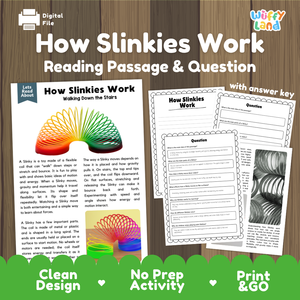 How Slinkies Work reading comprehension passage and questions activity pack with full answer key for students