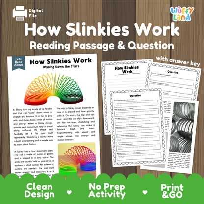 How Slinkies Work reading comprehension passage and questions activity pack with full answer key for students