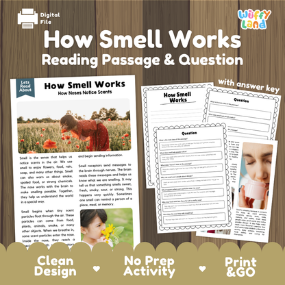 How Smell Works reading comprehension passage and questions activity pack with full answer key for students