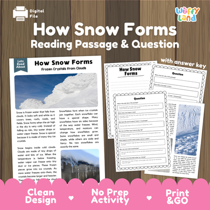 How snow forms reading comprehension passage and questions printable activity pack with answer key for elementary students