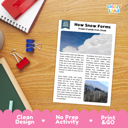 Student reading comprehension worksheet with short-answer questions and lined sections about how snow forms