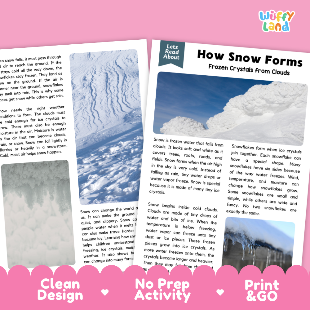 Teacher answer key page showing complete question solutions for how snow forms reading comprehension practice