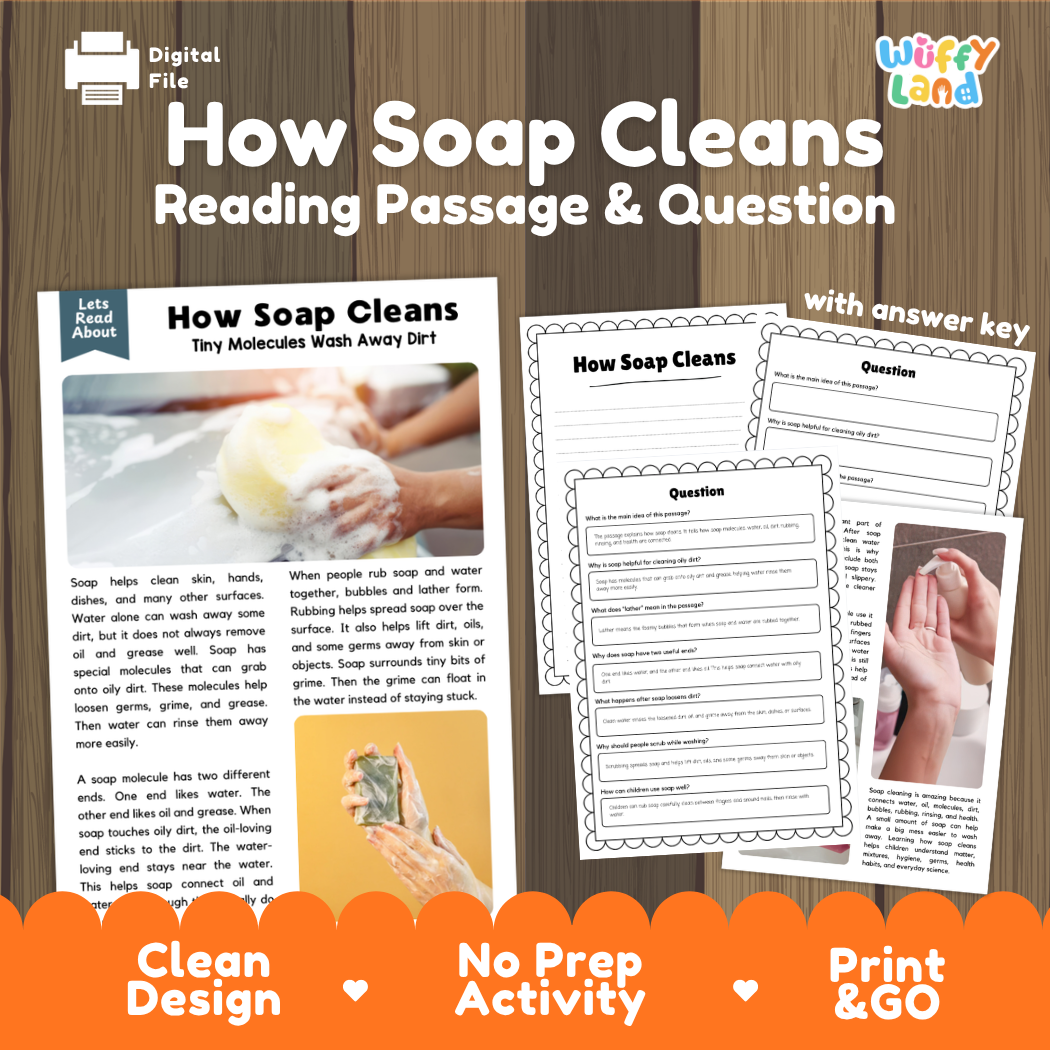 How Soap Cleans reading comprehension passage and questions activity pack with full answer key for students