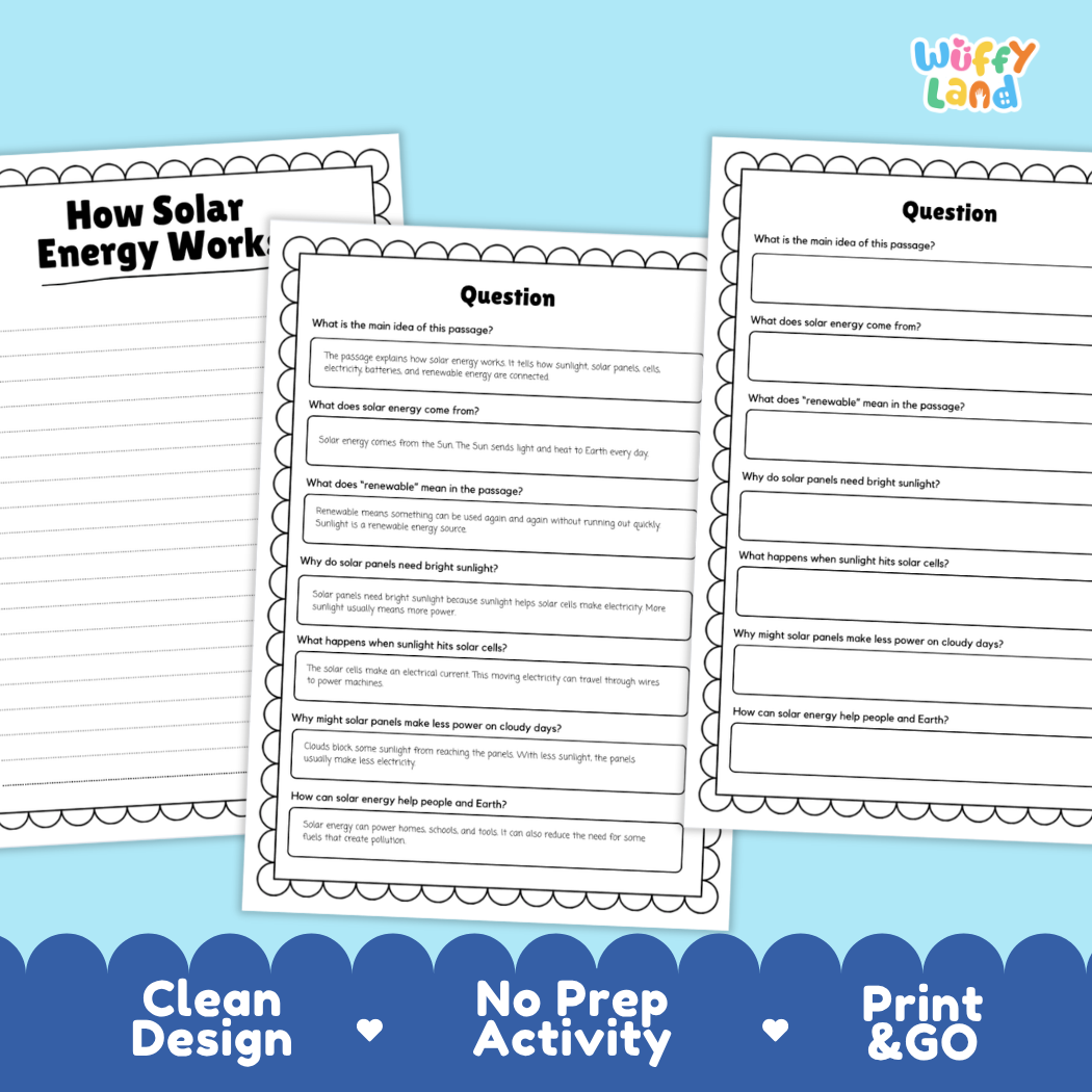 Informational reading passage page detailing solar power solar cells renewable energy rooftop panels batteries and clean electricity generation