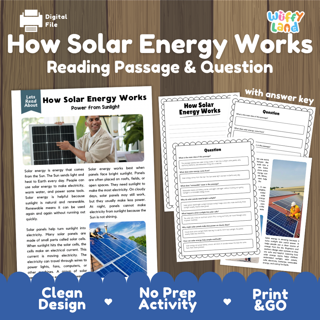 How solar energy works reading comprehension passage and questions printable activity pack with answer key for elementary students