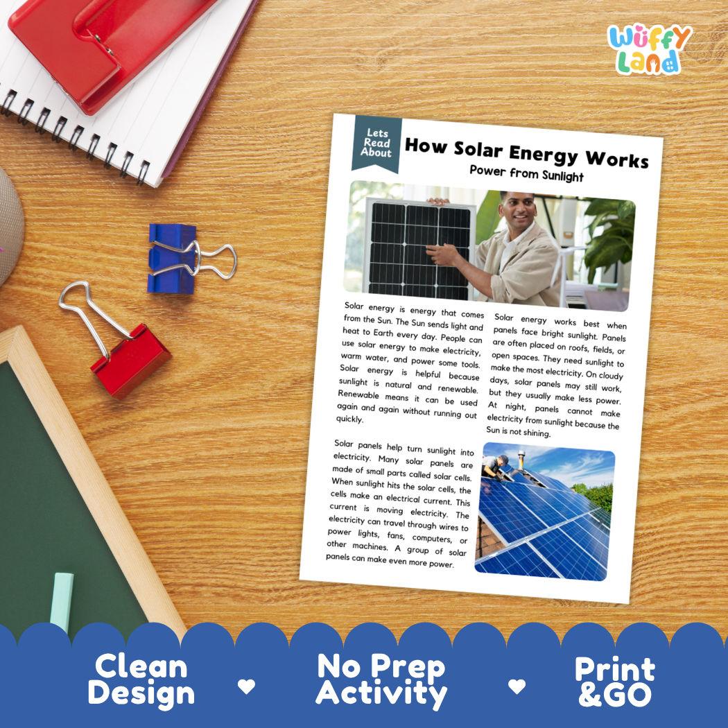 Student reading comprehension worksheet with short-answer questions and lined sections about how solar energy works