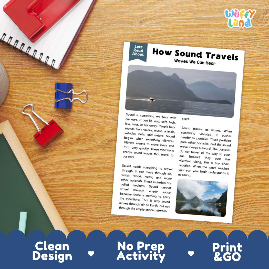 Student reading comprehension worksheet with short-answer questions and lined sections about how sound travels