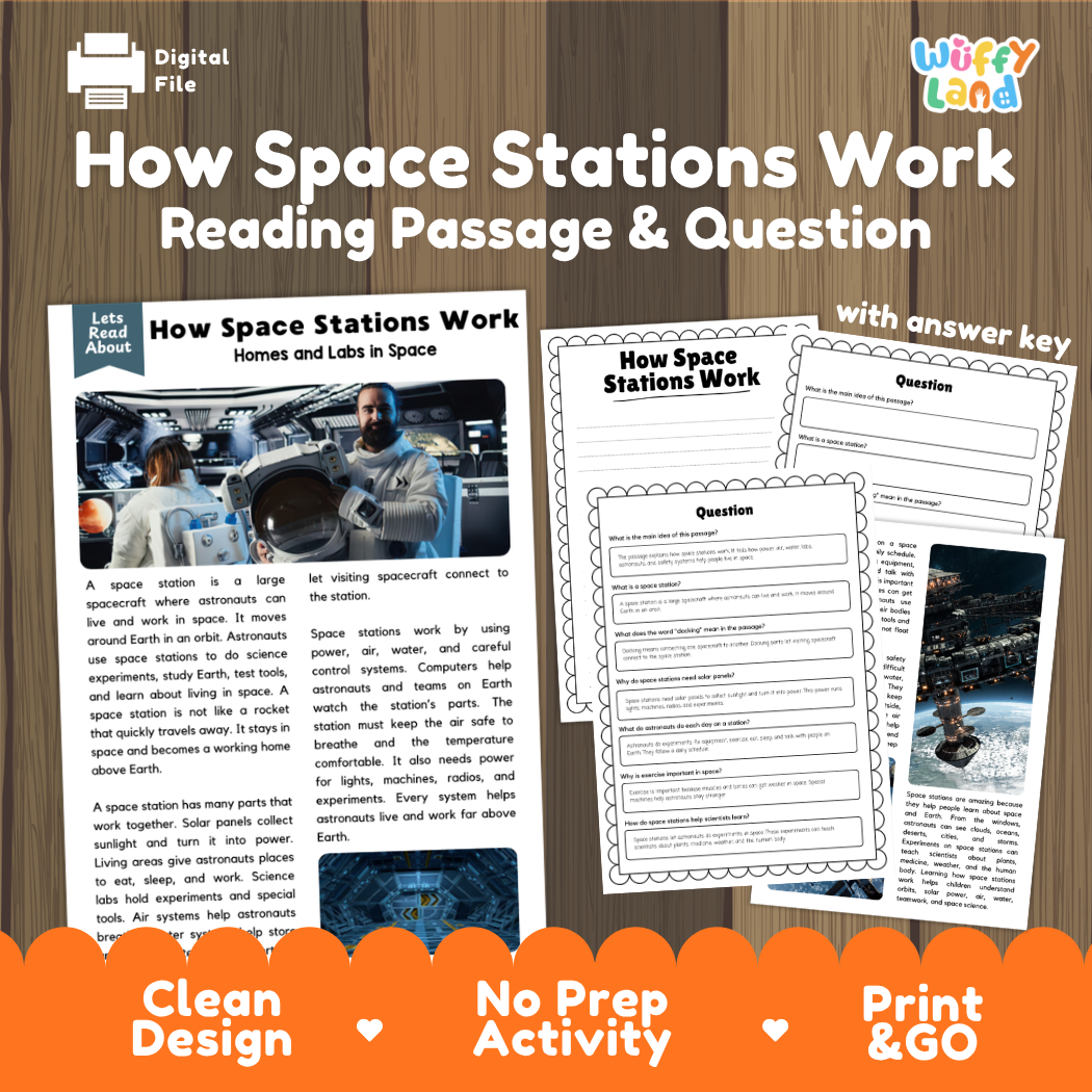 How Space Stations Work reading comprehension passage and questions printable activity pack with answer key for elementary students