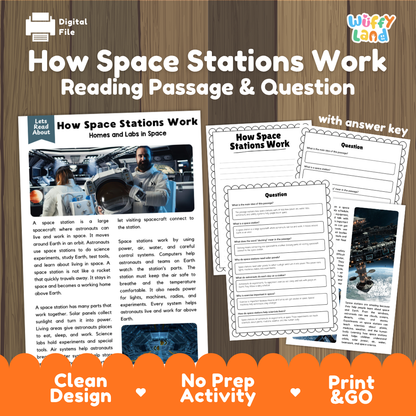 How Space Stations Work reading comprehension passage and questions printable activity pack with answer key for elementary students