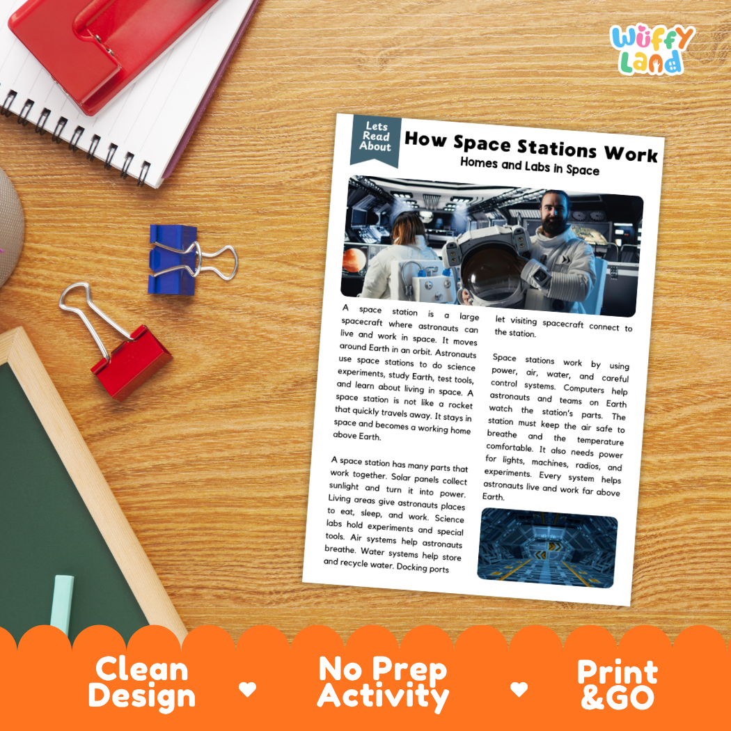 Student reading comprehension worksheet with short-answer questions and lined sections about space stations and orbital life