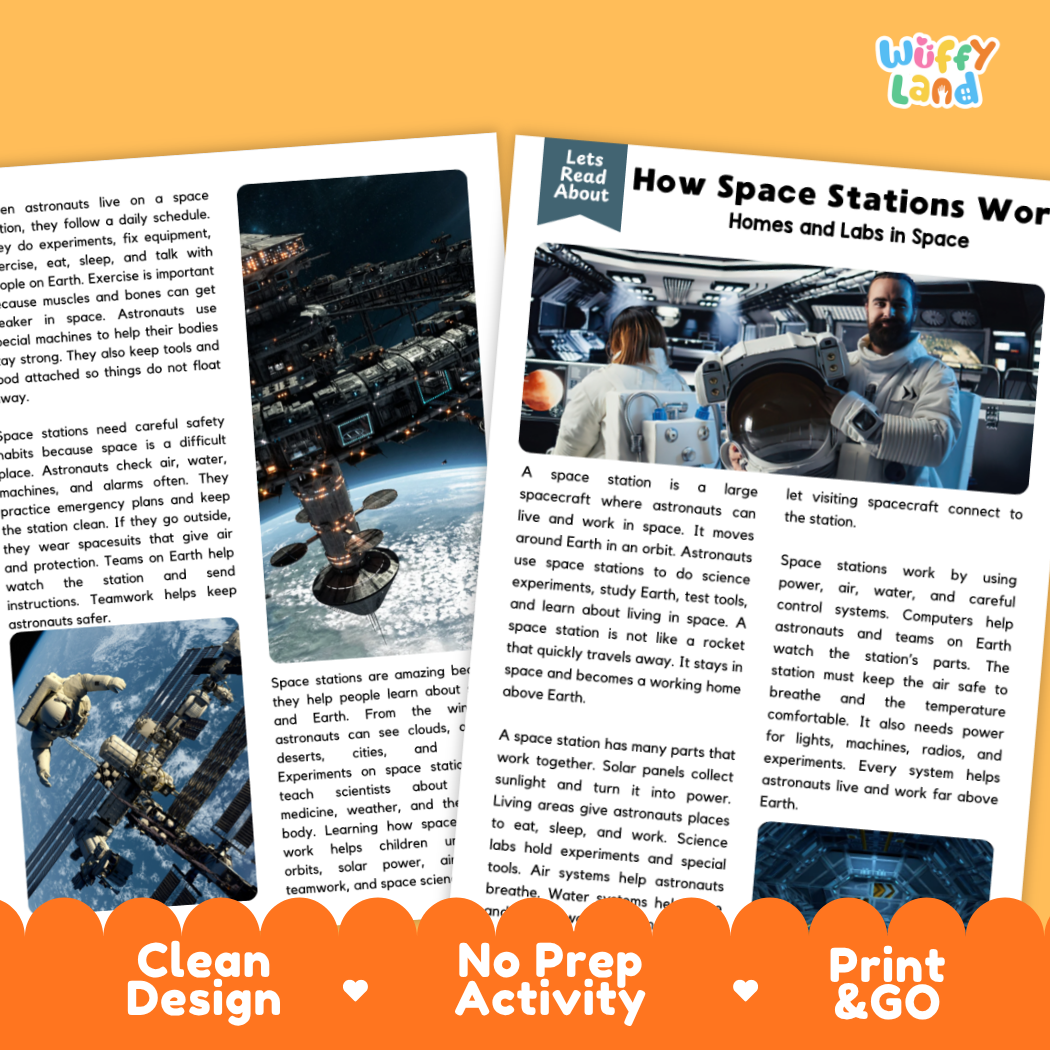 Teacher answer key page showing complete question solutions for space stations reading comprehension practice