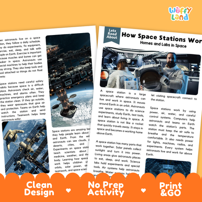 Teacher answer key page showing complete question solutions for space stations reading comprehension practice
