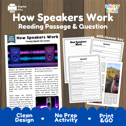 How speakers work reading comprehension passage and questions printable activity pack with answer key for elementary students