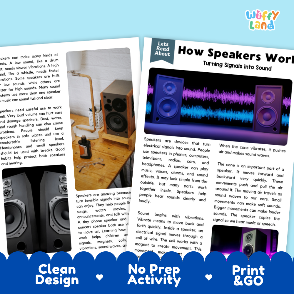 Teacher answer key page showing complete question solutions for How Speakers Work physical science reading comprehension practice