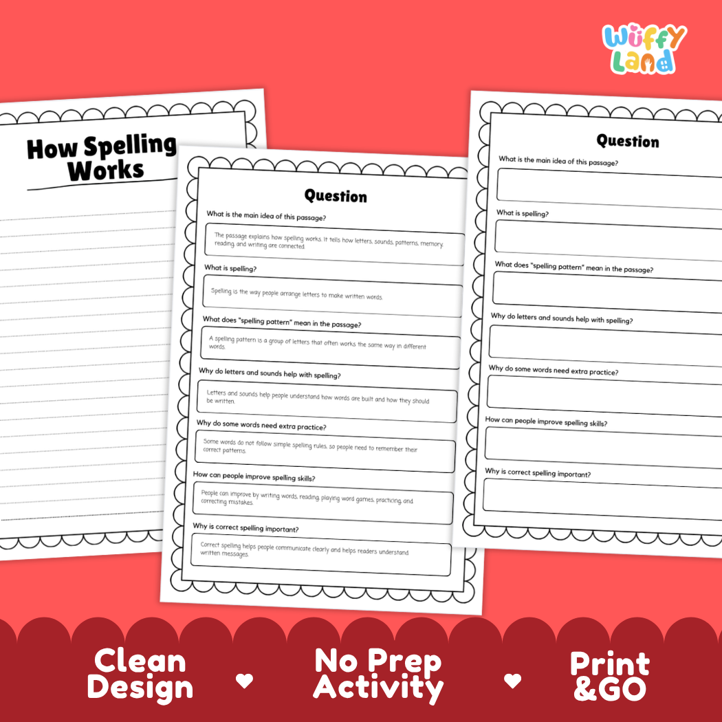 Educational reading passage explaining spelling patterns, letter sounds, word building, and how spelling works