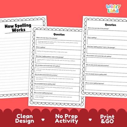 Educational reading passage explaining spelling patterns, letter sounds, word building, and how spelling works