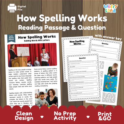 How Spelling Works reading comprehension passage and questions activity pack with full answer key for students