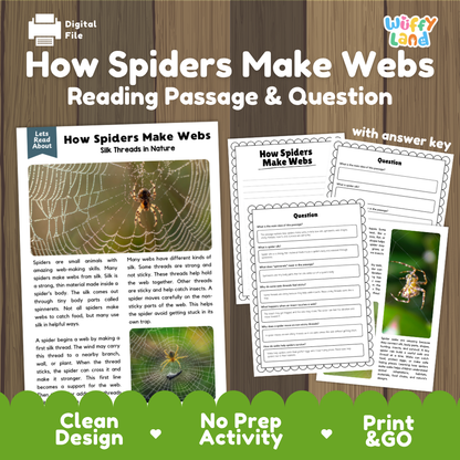 How Spiders Make Webs reading comprehension passage and questions activity pack with full answer key for students