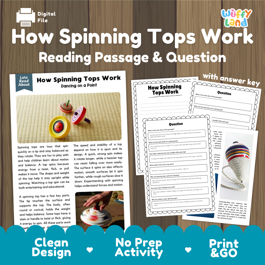 How Spinning Tops Work reading comprehension passage and questions activity pack with full answer key for students