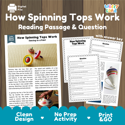 How Spinning Tops Work reading comprehension passage and questions activity pack with full answer key for students