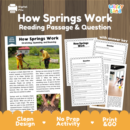 How springs work reading comprehension passage and questions printable activity pack with answer key for elementary students