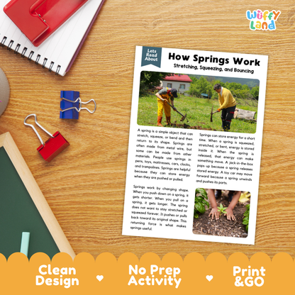 Student reading comprehension worksheet with short-answer questions and lined sections about how springs work