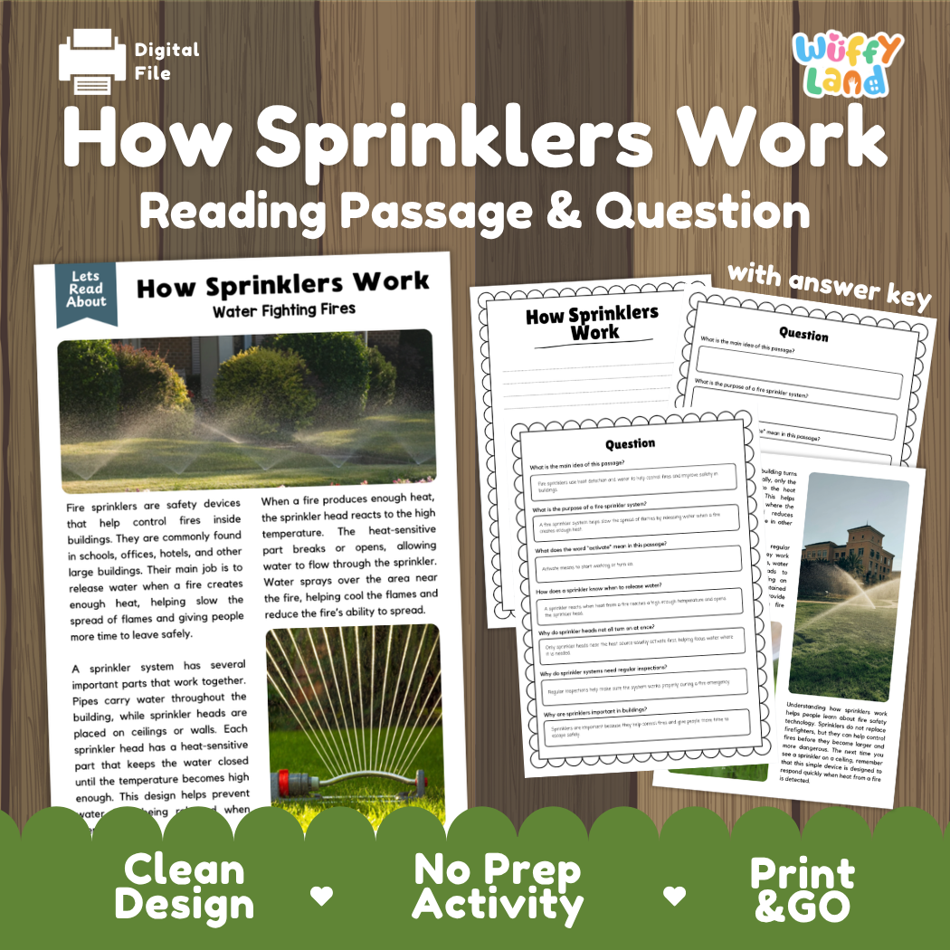How Sprinklers Work reading comprehension passage and questions activity pack with full answer key for students
