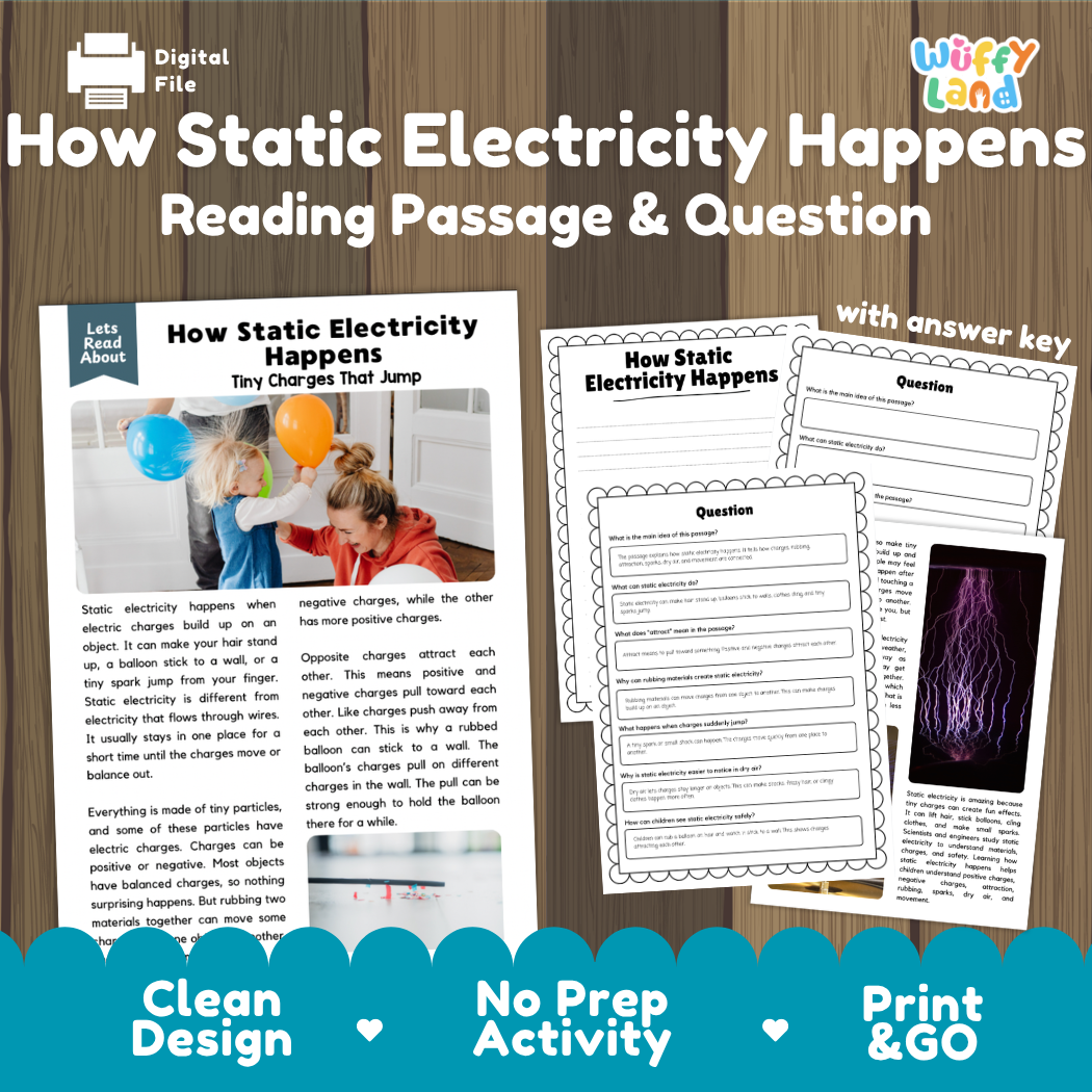 How static electricity happens reading comprehension passage and questions printable activity pack with answer key for elementary students