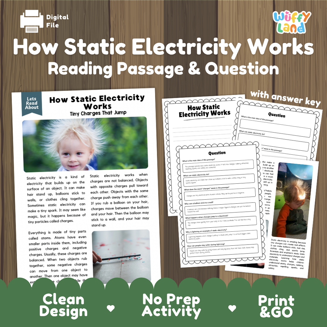 How static electricity works reading comprehension passage and questions printable activity pack with answer key for elementary students