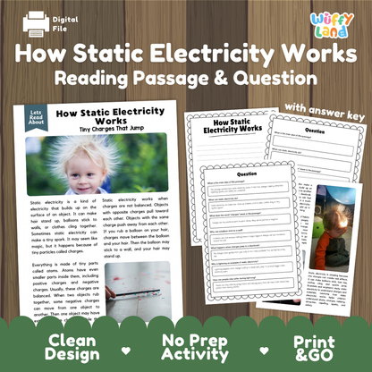 How static electricity works reading comprehension passage and questions printable activity pack with answer key for elementary students